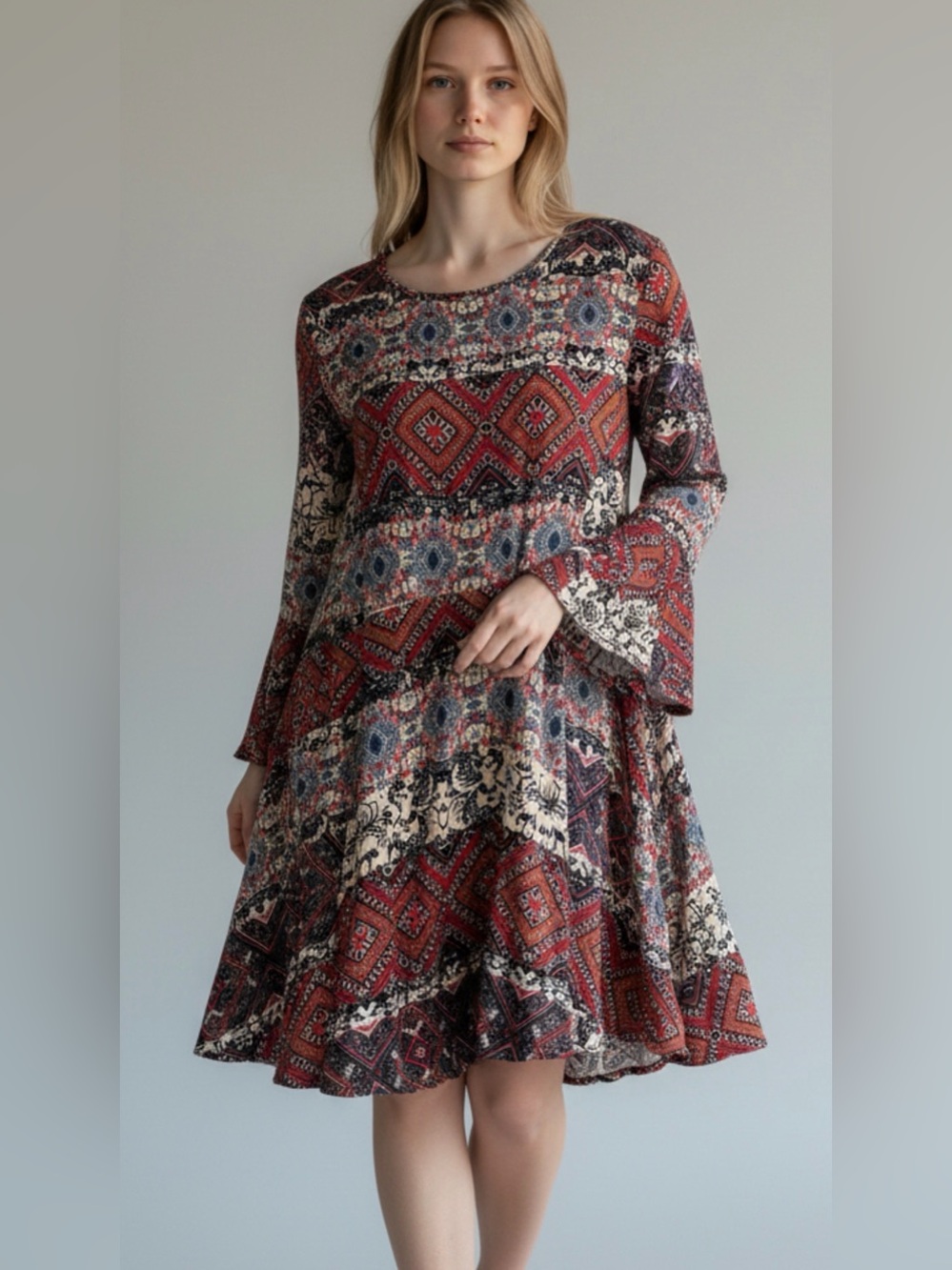 Altar’d State Multicolor Geometric Long Sleeve Dress Bohemian Midi Size Medium